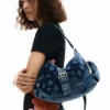 Borsa media in denim a fiori