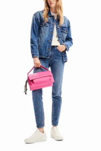 Giacca da camionista in denim a fiori