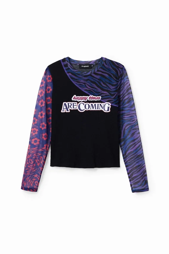 T-shirt in tulle Patchwork con messaggio T-shirt in tulle Patchwork con messaggio