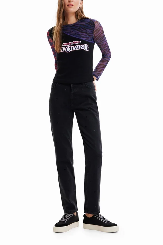 T-shirt in tulle Patchwork con messaggio T-shirt in tulle Patchwork con messaggio