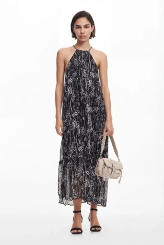 Vestito con scollo all’americana e illustrazioni floreali
