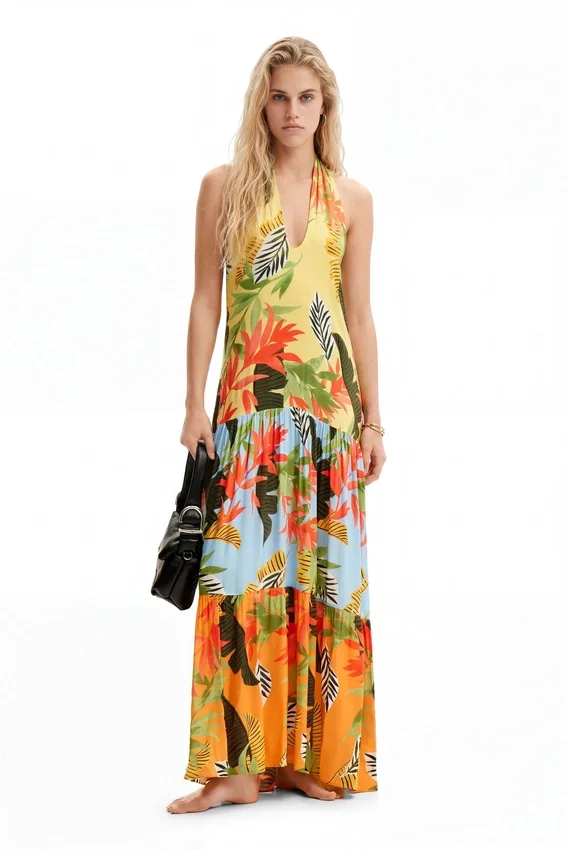 Vestito lungo tropicale con scollo all’americana Vestito lungo tropicale con scollo all’americana