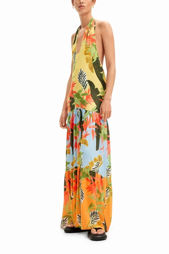 Vestito lungo tropicale con scollo all’americana Vestito lungo tropicale con scollo all’americana
