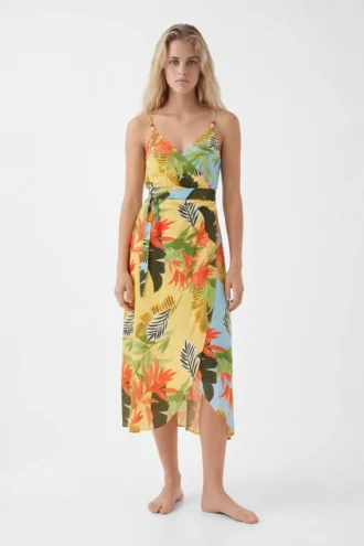 Vestito midi a portafoglio tropicale