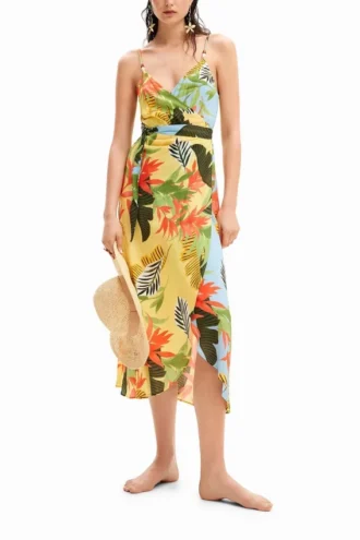 Vestito midi a portafoglio tropicale