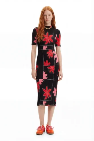 Vestito midi a righe con motivi floreali