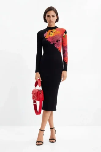 Vestito midi a righe con motivi floreali