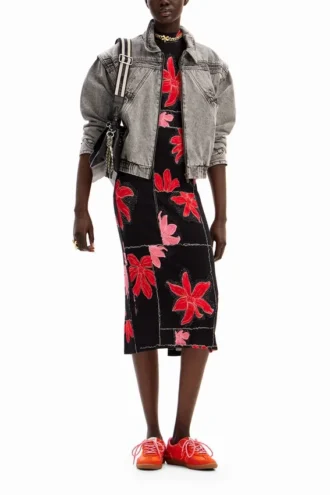 Vestito midi a righe con motivi floreali