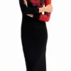 Vestito midi a righe con motivi floreali