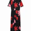 Vestito midi a righe con motivi floreali