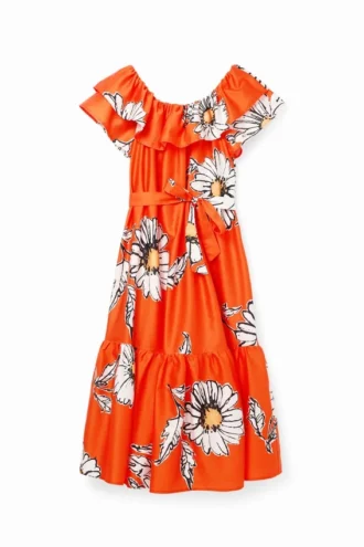 Vestito midi con volant e margherite