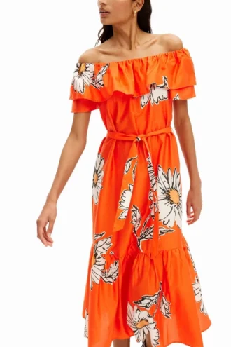 Vestito midi con volant e margherite