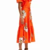 Vestito midi con volant e margherite