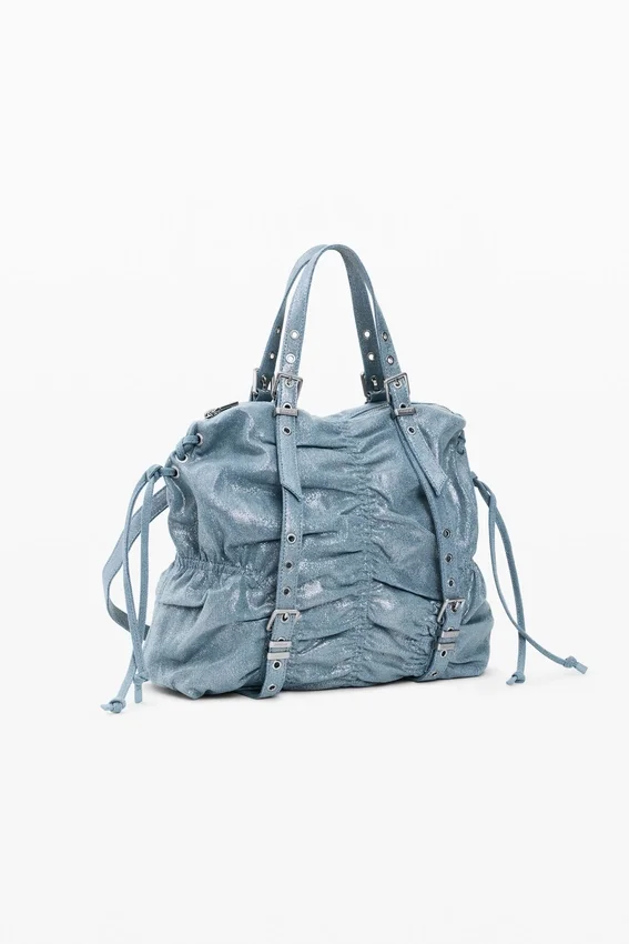 Zaino medio in denim con ruches Zaino medio in denim con ruches