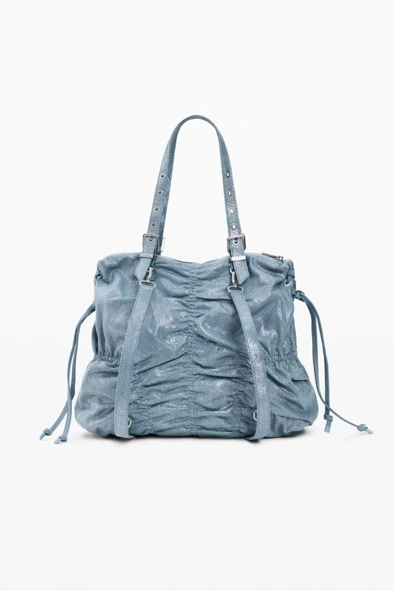 Zaino medio in denim con ruches Zaino medio in denim con ruches